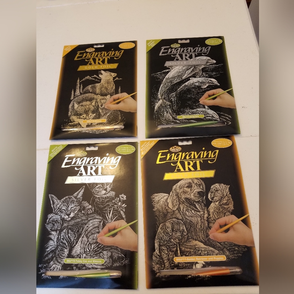 Set  4 New Royal Langnickel Engraving Art Wolves Cat Puppies Dolphins Gold Silv